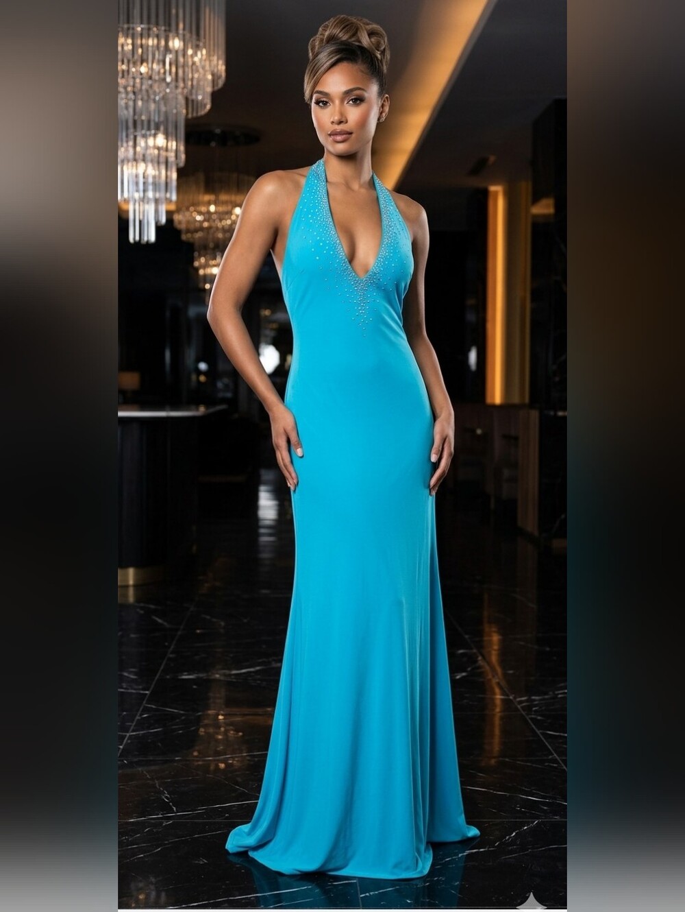 Niki By Niki Livas Elegant Turquoise Halter Evening Gown Size 20